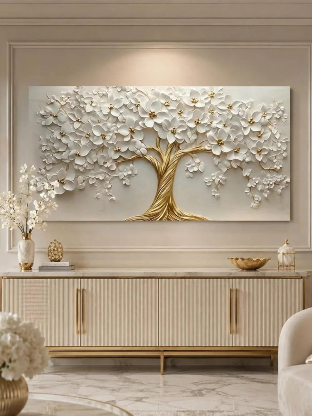 Large Tree of Life Canvas Art - Gold Floral Wall Decor for Living Room & Office